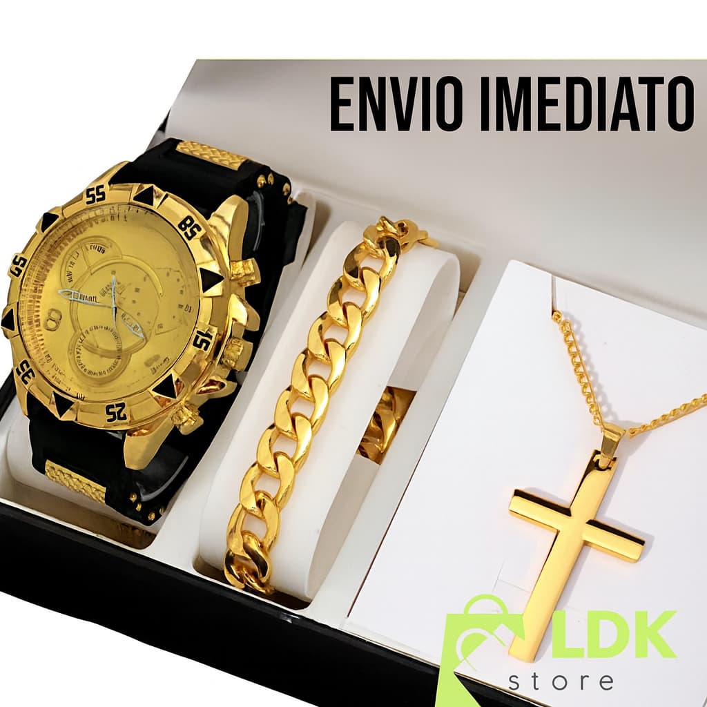 Kit Relogio Masculino Banhado Original + Colar com Cruz + Pulseira Premium