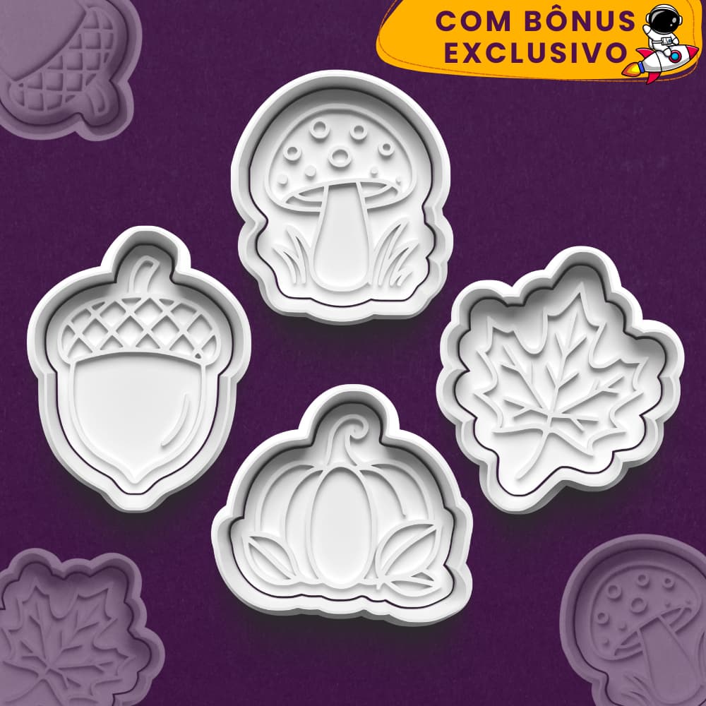 Kit Cortador de Biscoitos Outono Cogumelo Abóbora Folha Noz + Ebook de Receitas - 3D Verso