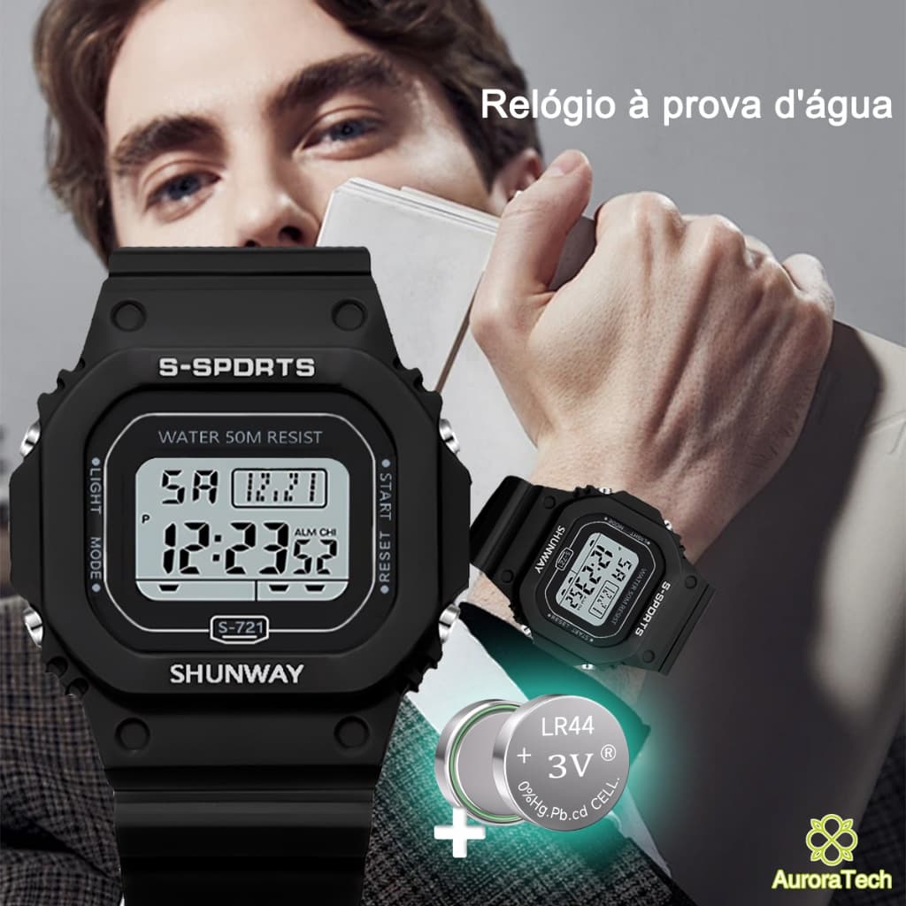 Relógio Digital Masculino à Prova D'água Relógios De Pulso LED Luminoso Unissex Para Esportes Preto