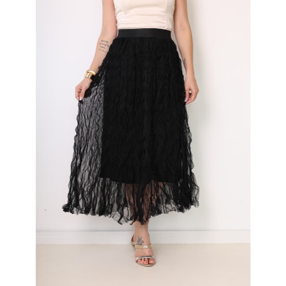 Saia Midi Feminina Tule Texturizado Cintura Alta Com Forro Elegante Festa Fashion Chique Achadinhos