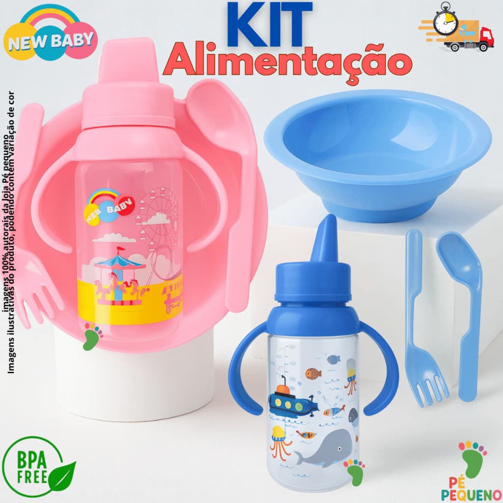 Kit Refeição Luxo 4 Peças Alimentação Bebê Prato Copo com Alça Talheres BPA Free Infantil Achadinhos New Baby