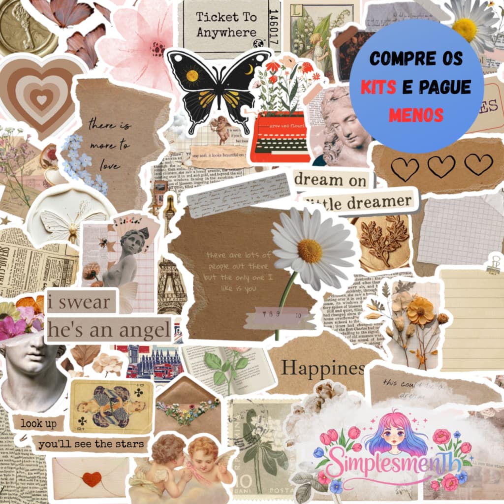 50 Stickers Vintage Scrapbook | Adesivos para Kindle, Planner, Journal e Scrapbook