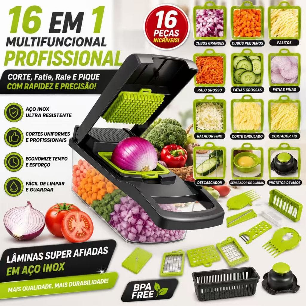 Kit 16 Fatiador de legumes cortador verduras multifuncional profissional em aço inoxidável 16 em 1