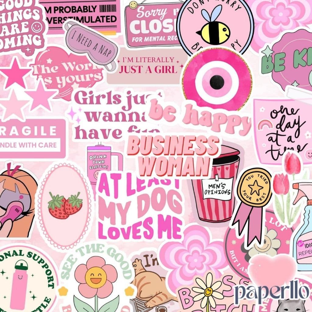 33 Adesivos à prova d’água Garrafinha Temática Rosa para Colagem e Personalização Journal Kindle