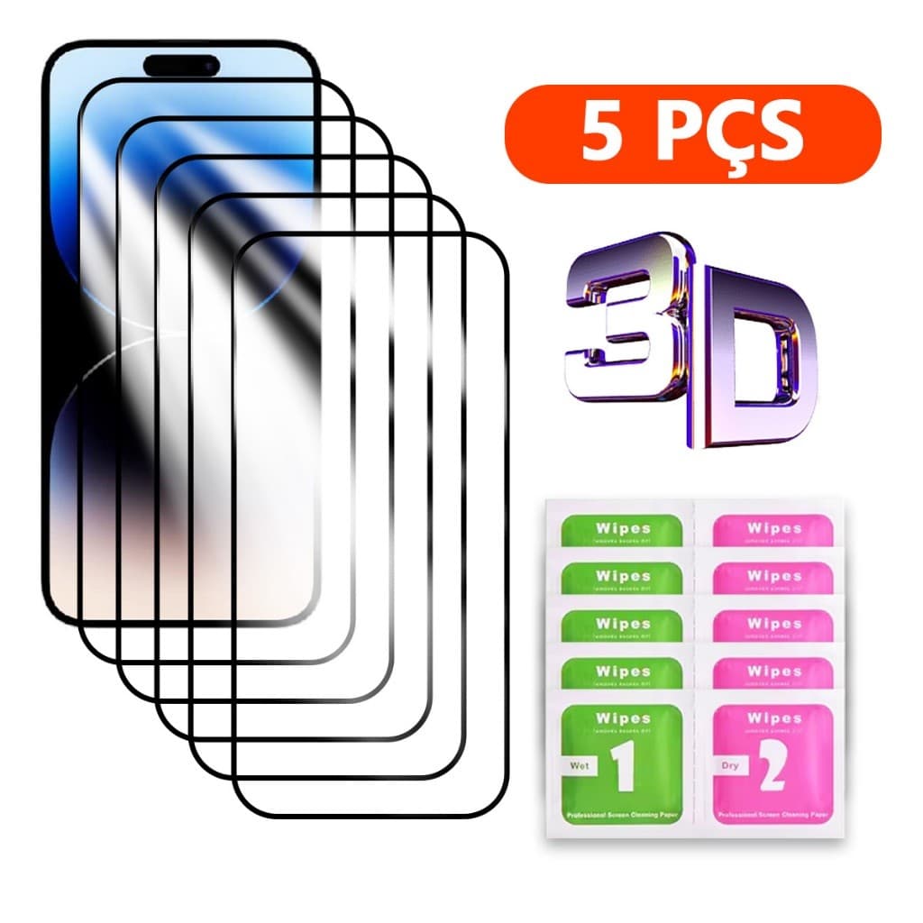 Kit 5 Película 3D Vidro Temperado Para Todos iPhone X XR 11 12 13 14 15 16 17PROMAX