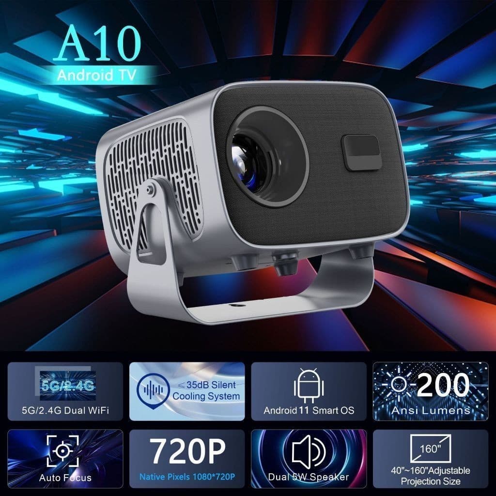 Projetor A10 Android TV 4K Dual Band WIFI 6.0 Bluetooth 5.0 Cinema Portátil Escritório Sala