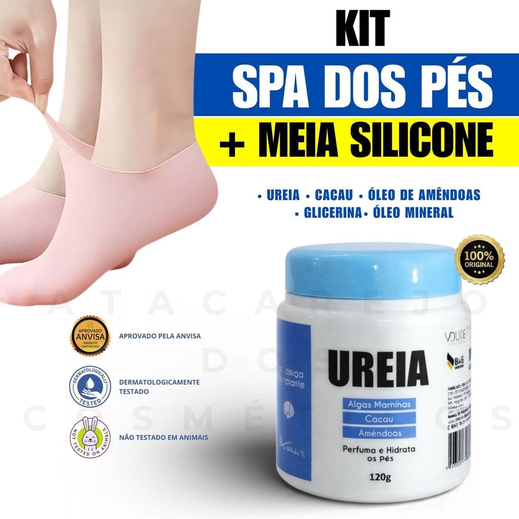 Kit Meia de Silicone + Creme De Ureia Super Hidratante Amar Pés Rachados Secos Ásperos E Ressecados