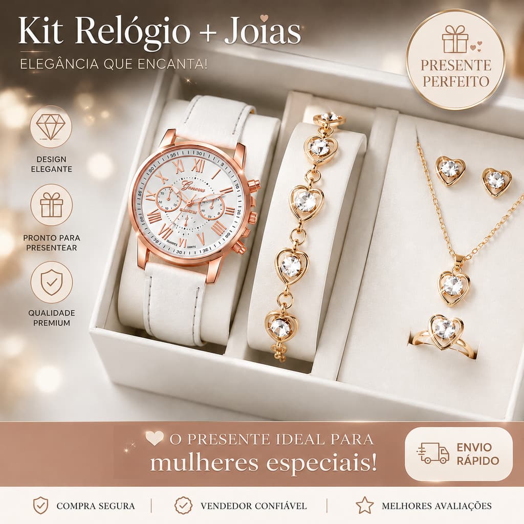 Elegante conjunto de relógio e joias femininas, incluindo colar, pulseira, brincos e anel.