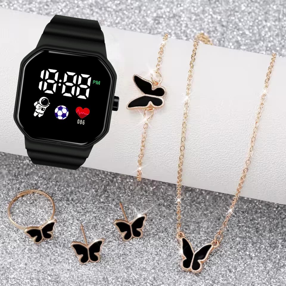 Conjunto De Relógio Digital Feminino Elegante De 6 Peças-Pulseira De Silicone Com Tela LED , E Colar Borboleta