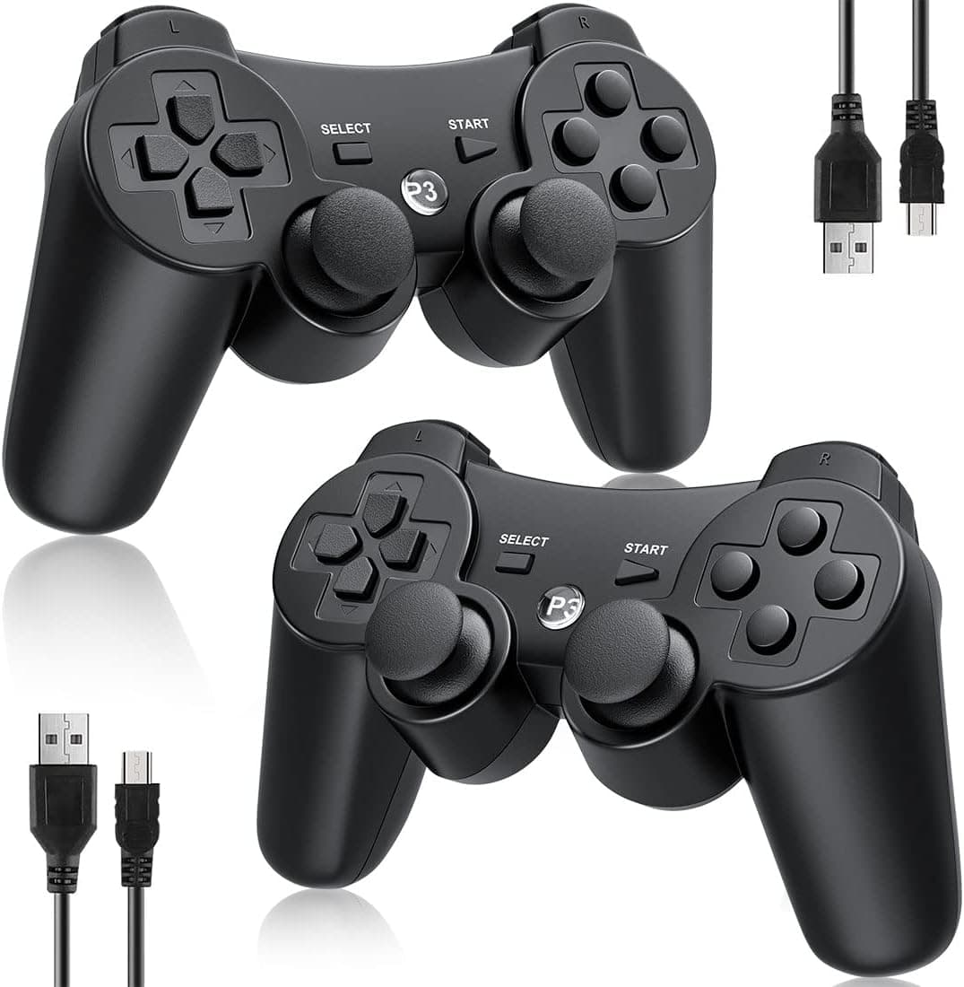 OKHAHA Controller 2 Pack for PS3 Wireless Controller for Sony Playstation 3, Double Shock 3, Bluetooth, Rechargeable, Motion Sensor, Remote for PS3 (No Stripes(Black + Black))