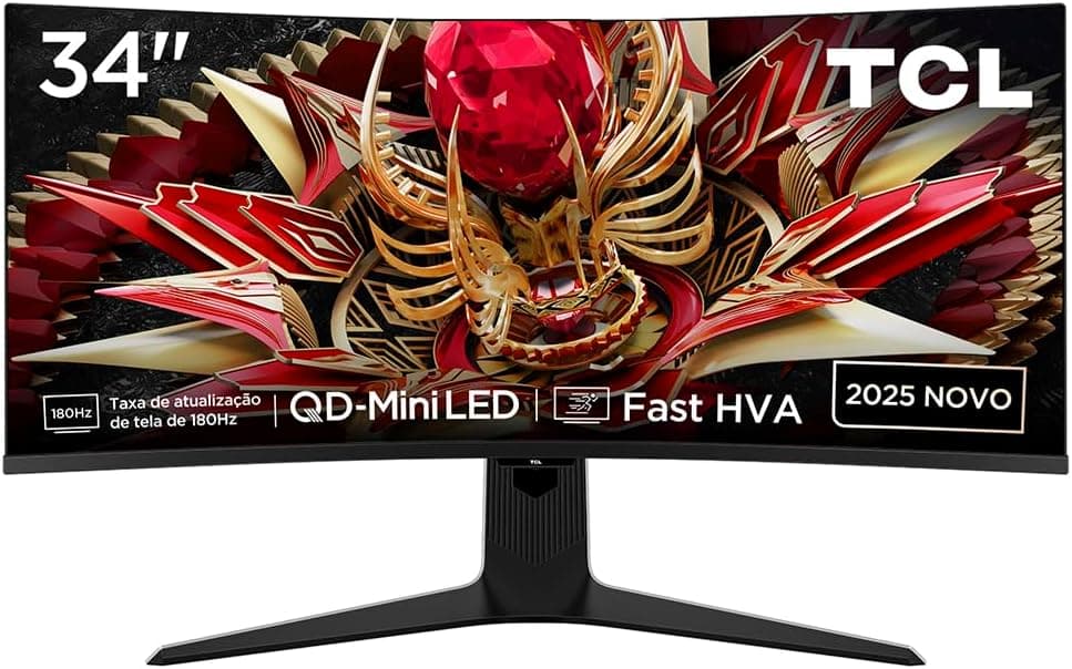 TCL, Monitor Gamer 34R83Q, WQHD 21:9 34" Curvo, QD Mini Led, 180 Hz, HDR 1400 nits, 1ms, Alto-falante Duplo, Gama de Cores 95%, Controle de Contraste