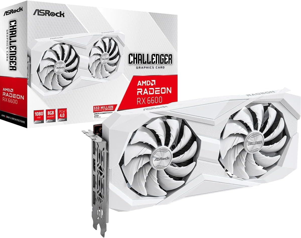 ASRock Placa gráfica AMD Radeon RX 6600 Challenger branca 8GB GDDR6 0dB resfriamento silencioso 128-bit 7680 x 4320 DisplayPort HDMI 14 Gbps Dual Fan 7nm