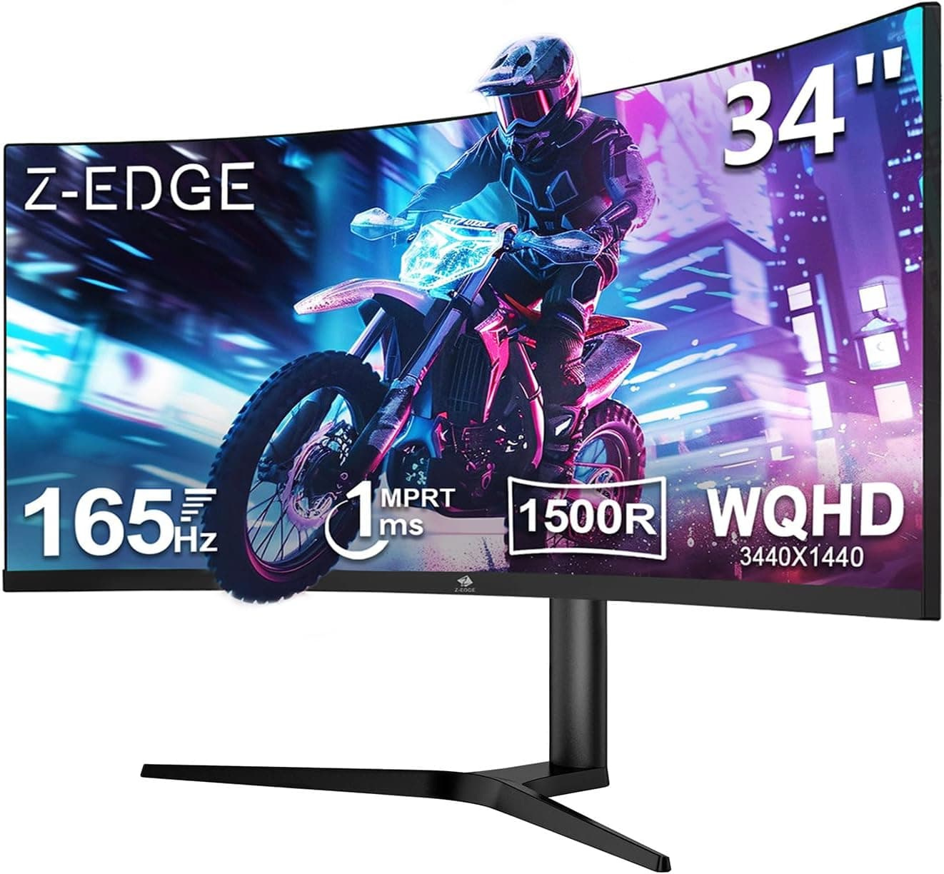 Monitor Gamer Curvo Ultrawide 34 polegadas Z-Edge, 165Hz, 1 ms, 21:9, 3440x1440 WQHD R1500, FreeSync, HDMI 2.0/DP 1.4, Ajuste de Inclinação/giro/altura, Sem Bordas