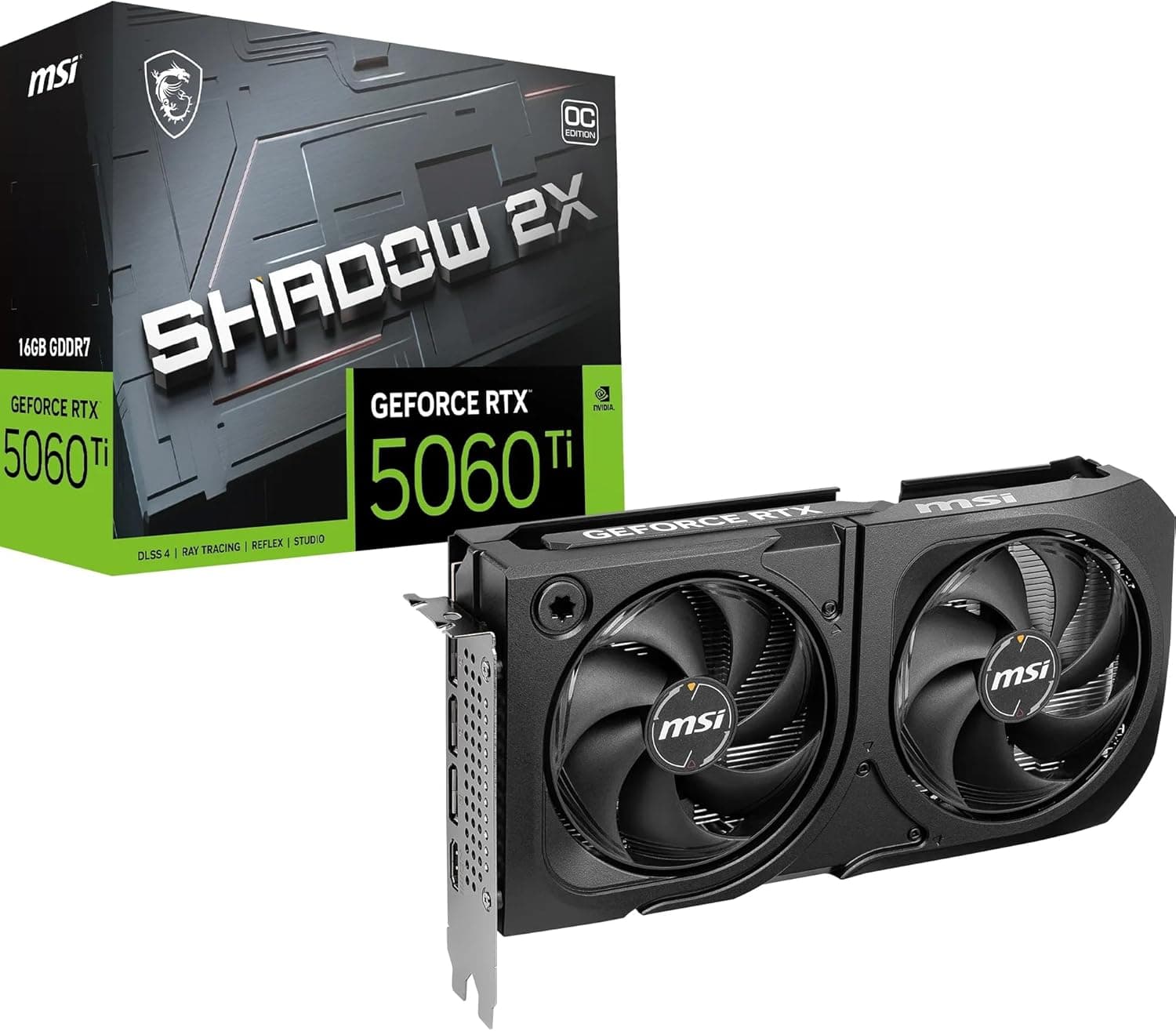 MSI Placa gráfica GeForce RTX 5060 Ti 16G SHADOW 2X OC PLUS - GPU RTX 5060 Ti, 16GB GDDR7 (28Gbps/128-bit), PCIe 5.0 - Design térmico de ventilador duplo (2 x ventoinhas STORMFORCE) - HDMI 2.1b
