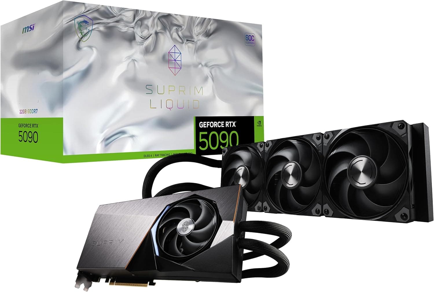 MSI Placa gráfica SOC líquida Gaming RTX 5090 32G SUPRIM (32GB GDDR7, 512-bit, Extreme Clock TBD MHz, DisplayPort x3 2.1a, HDMI 2.1b, NVIDIA Blackwell Architecture)
