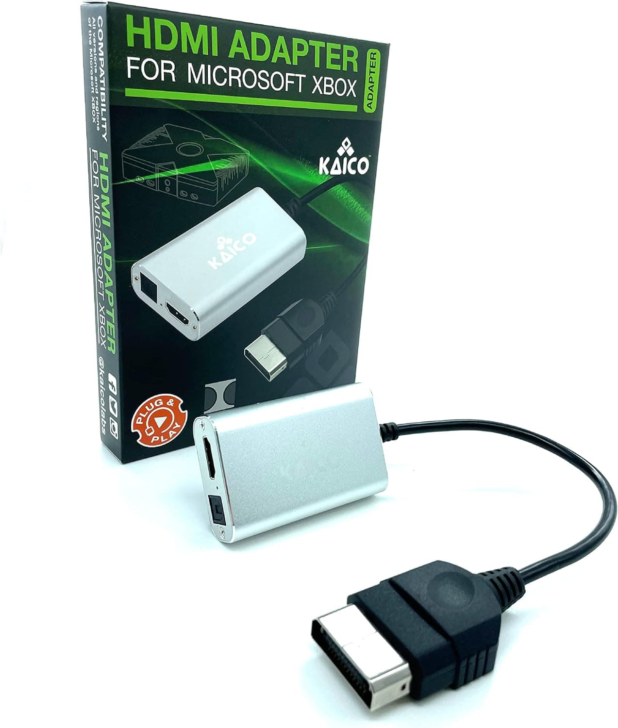 Kaico Adaptador original Xbox para HDMI – Cabo de ligação HD para console Xbox original – Suporta 480i/480p/720p/1080i – Dolby Digital 5.1 via porta óptica – Conversor Plug & Play com suporte de áudio