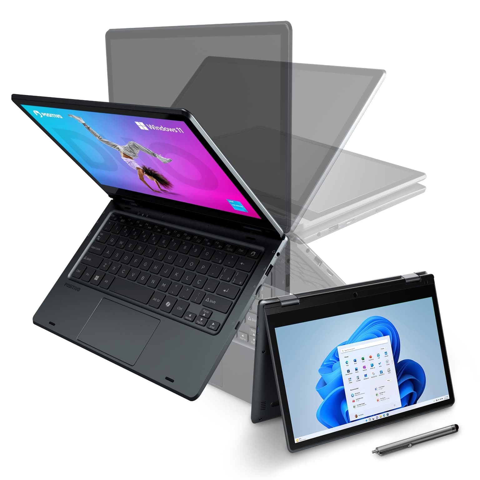 Notebook 2 em 1 Positivo Duo Intel Celeron N4500 4GB RAM 128GB de Armazenamento Tela 11" HD IPS touch com caneta capacitiva, Windows 11 Home &ndash; Cinza &ndash; C4128E