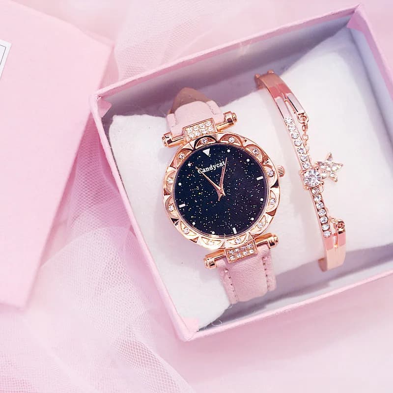 2 pçs conjunto relógio para mulheres de luxo couro analógico senhoras quartzo relógio de pulso moda pulseira conjunto feminino relogio feminino