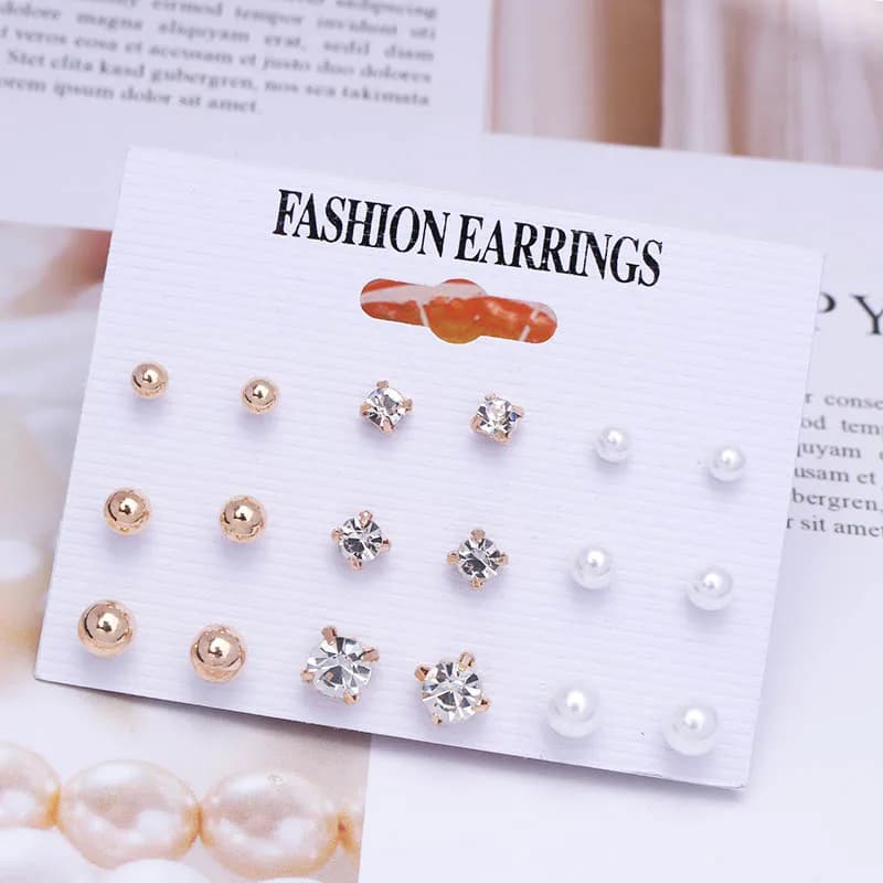 Brincos retrô para mulheres, joias de orelha, pérolas simuladas, flor oca de cristal, OL, moda, promoção, 9 pares/set