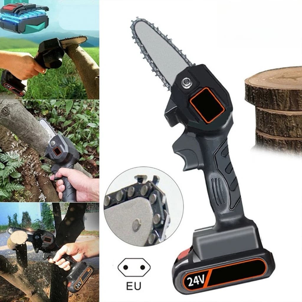 Mini Motosserra Elétrica de 4 Polegadas Recarregável Bivolt para Poda e Jardinagem com Som de Bateria