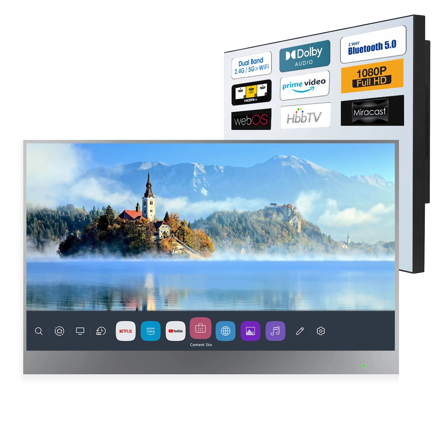 Souria 21,5 polegadas webOS Espelho à prova d'água TV Banheiro Banheira Controle de voz WiFi Bluetooth na parede Design de hotel de luxo Sintonizador DTV