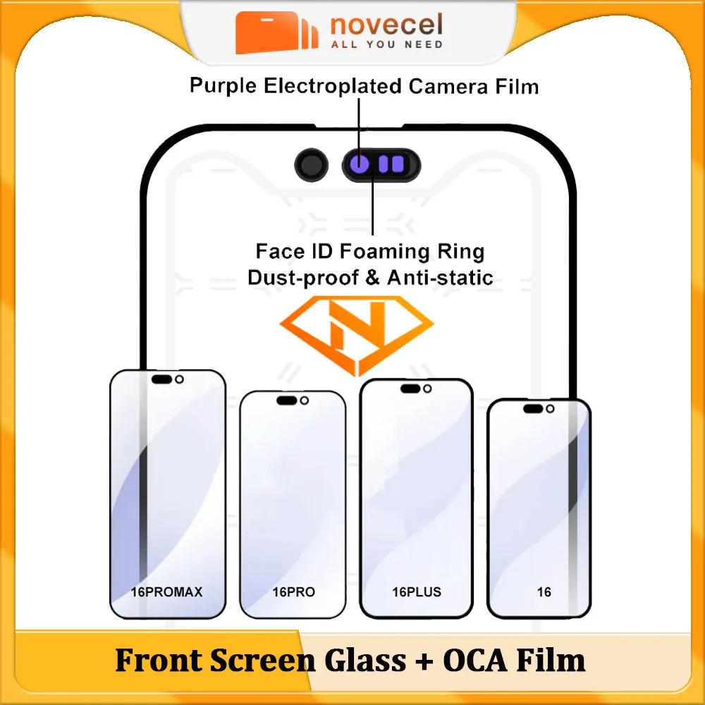 Novecel 5 peças lente de vidro de tela frontal + substituição oca para iphone 17air 16 14 13 12 17 pro max lente de vidro externa