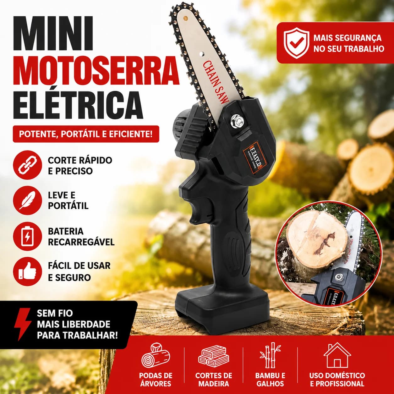 Mini Serra Elétrica Portátil Recarregável de 4 Polegadas para Jardinagem e Poda de Árvores Bivolt