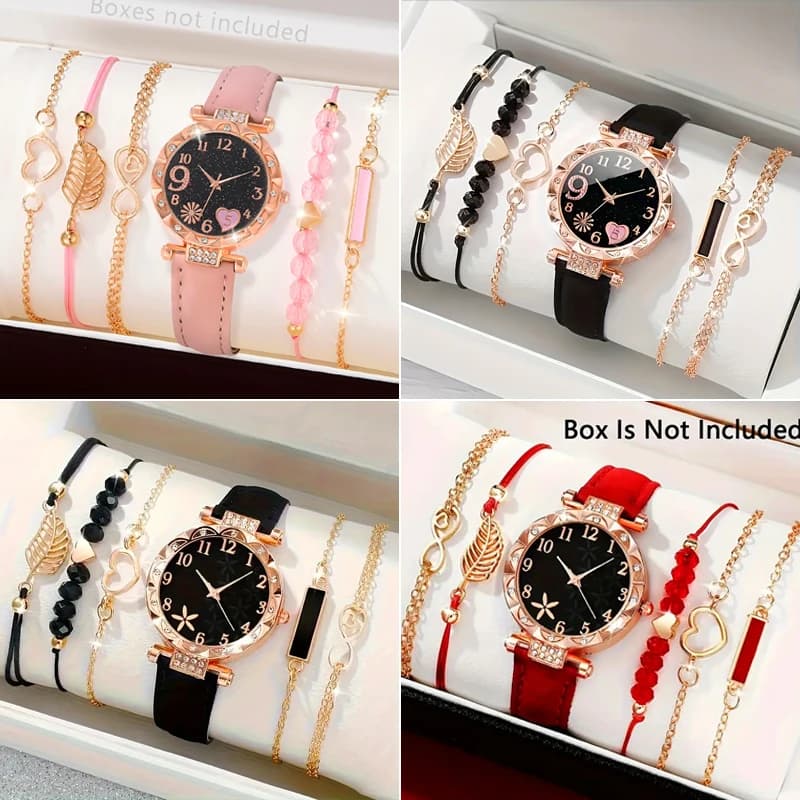 6 pçs conjunto relógio para mulheres de luxo couro analógico senhoras quartzo relógio de pulso moda pulseira conjunto feminino relogio feminino