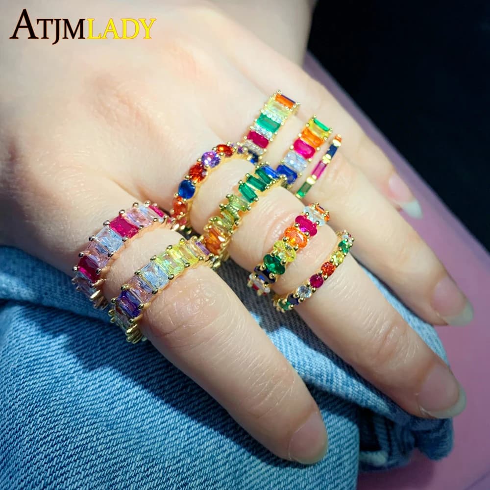 2025 promoção luxo gelado para fora bling moda zircão cúbico anéis para mulheres arco-íris cz pavimentado eternidade banda dedo jóias de casamento