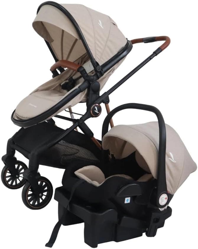 Carrinho de Bebê Florence 6 em 1 Moisés Reversível Com Bebê Conforto e Base Veicular Bege Estrutura Golden