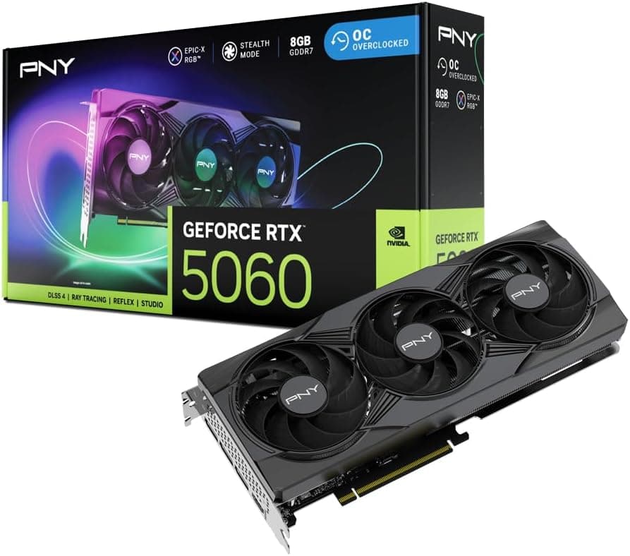 PNY NVIDIA GeForce RTX 5060 Epic-X ARGB OC Triplo ventilador, placa gráfica (8GB GDDR7, 128-bit, SFF-Ready, PCIe 5.0, HDMI/DP 2.1, 2 compartimentos, NVIDIA Blackwell Architecture, DLSS 4)