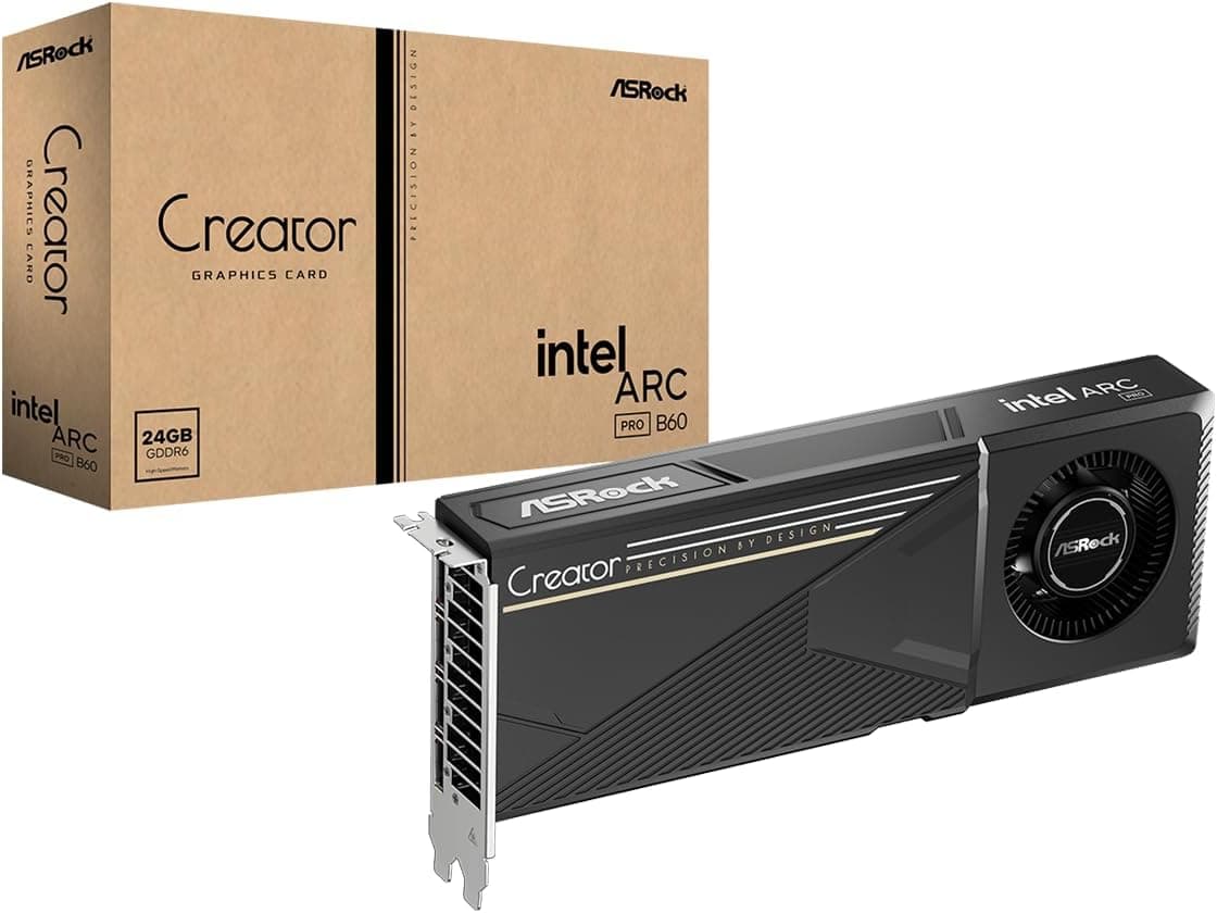 ASRock Placa gráfica Intel Arc Pro B60 Creator de 24 GB, arquitetura Intel Xe2-HPG, 24 GB GDDR6, PCIe 5.0, 4X DisplayPort 2.1, design de soprador, resfriamento silencioso 0dB