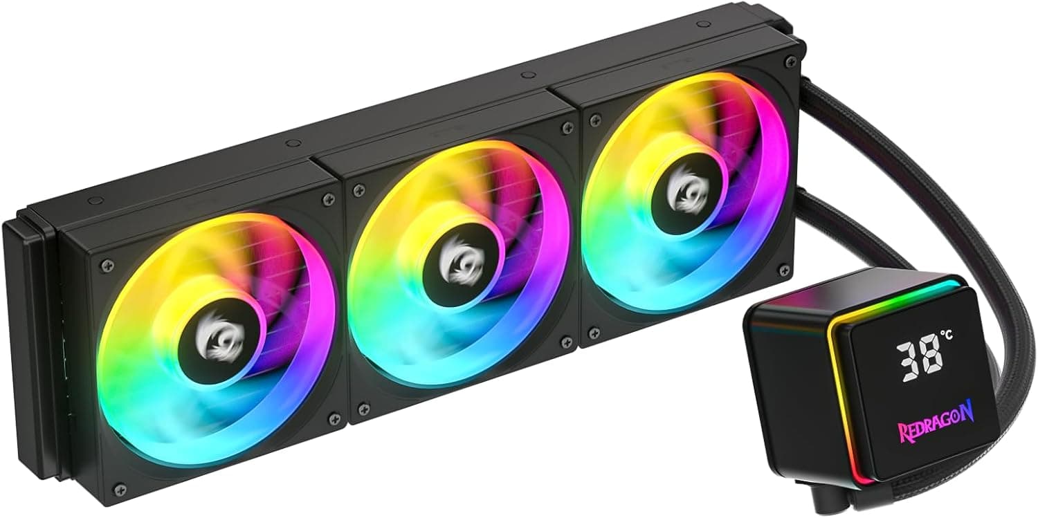 Water Cooler Redragon CCW-3017 Preto 360mm ARGB 2550 RPM com Display de Monitoramento Magnético USB Tipo-C Intel LGA 1851 AMD AM5