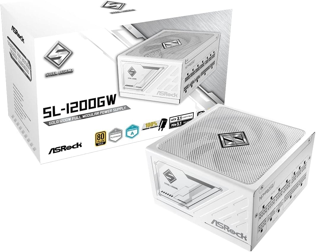 ASRock Steel Legend SL-1200GW 1200W 80 Plus Gold & Cybenetics Platinum Fonte de alimentação modular completa ATX3.1 PCIe5.1 Pronto com cabo de duas cores 12V-2x6 10 anos de garantia Capacitor japonês