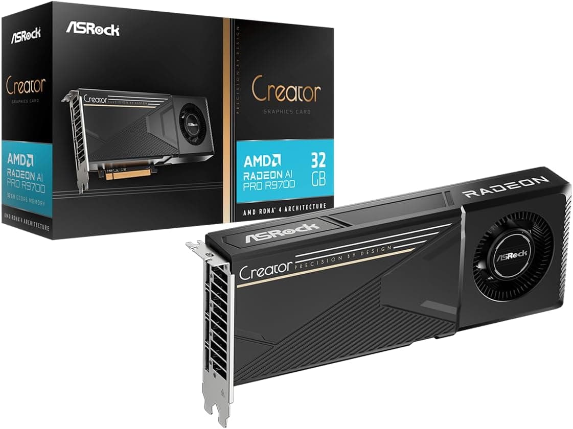 ASRock Placa gráfica profissional Radeon AI PRO R9700 Creator de 32 GB, relógio Boost de 2920 MHz, GDDR6 de 32 GB, AMD RDNA 4, Aceleradores de IA, DisplayPort 2.1a, PCIe 5.0, resfriador soprador