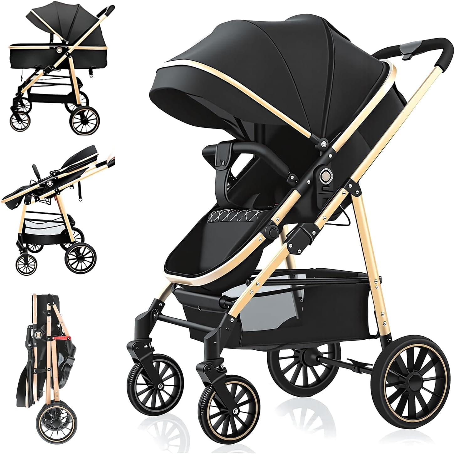 Carrinho de Bebê 2 em 1, Carrinho Bebê Portátil dobrável, Cadeira ajustável, Cesta de dormir removível, Peso máximo suportado 15kg (Preto)