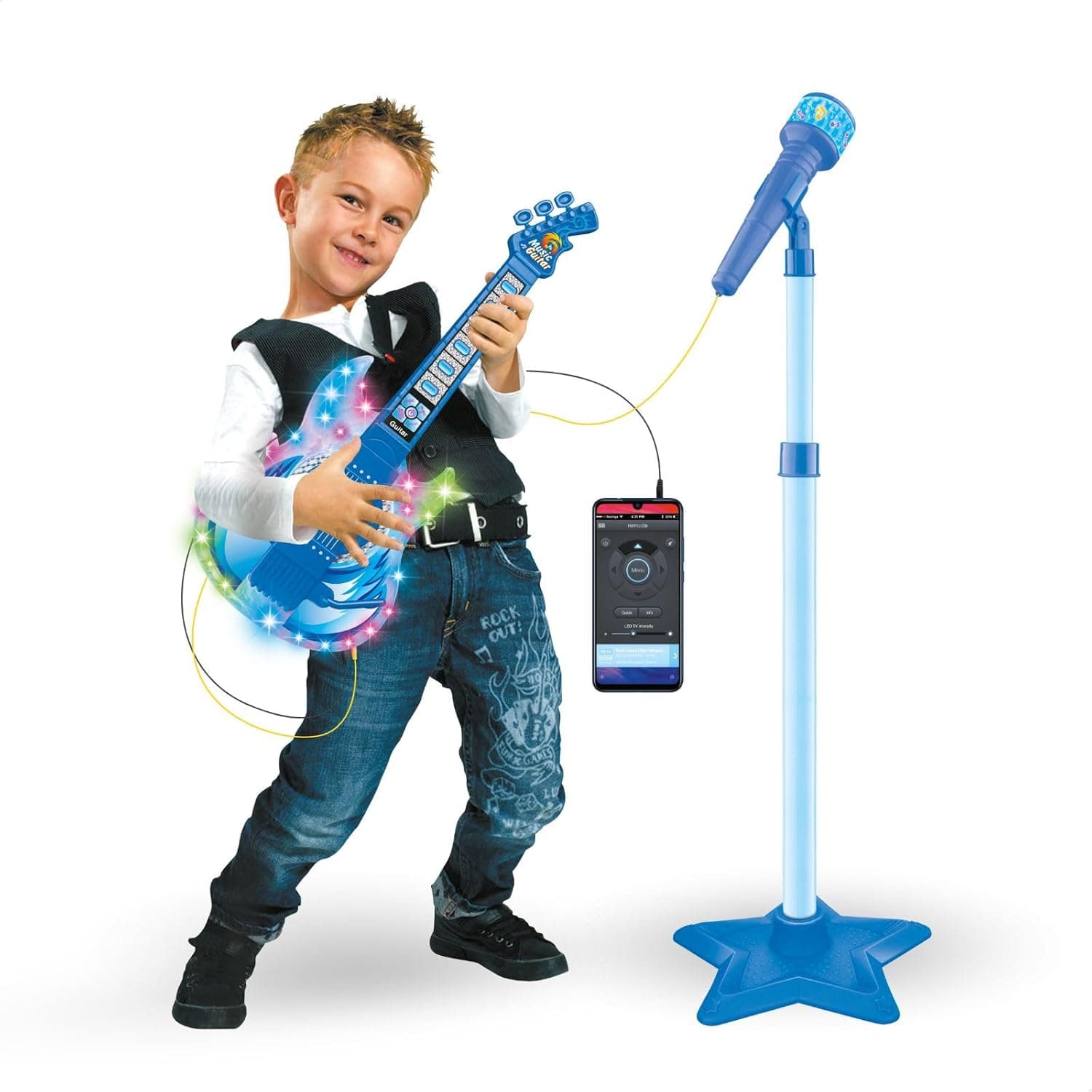 Guitarra e Microfone Infantil Instrumento Brinquedo Musical com Luz e Som Pedestal Karaokê Conecta Celular (Azul)