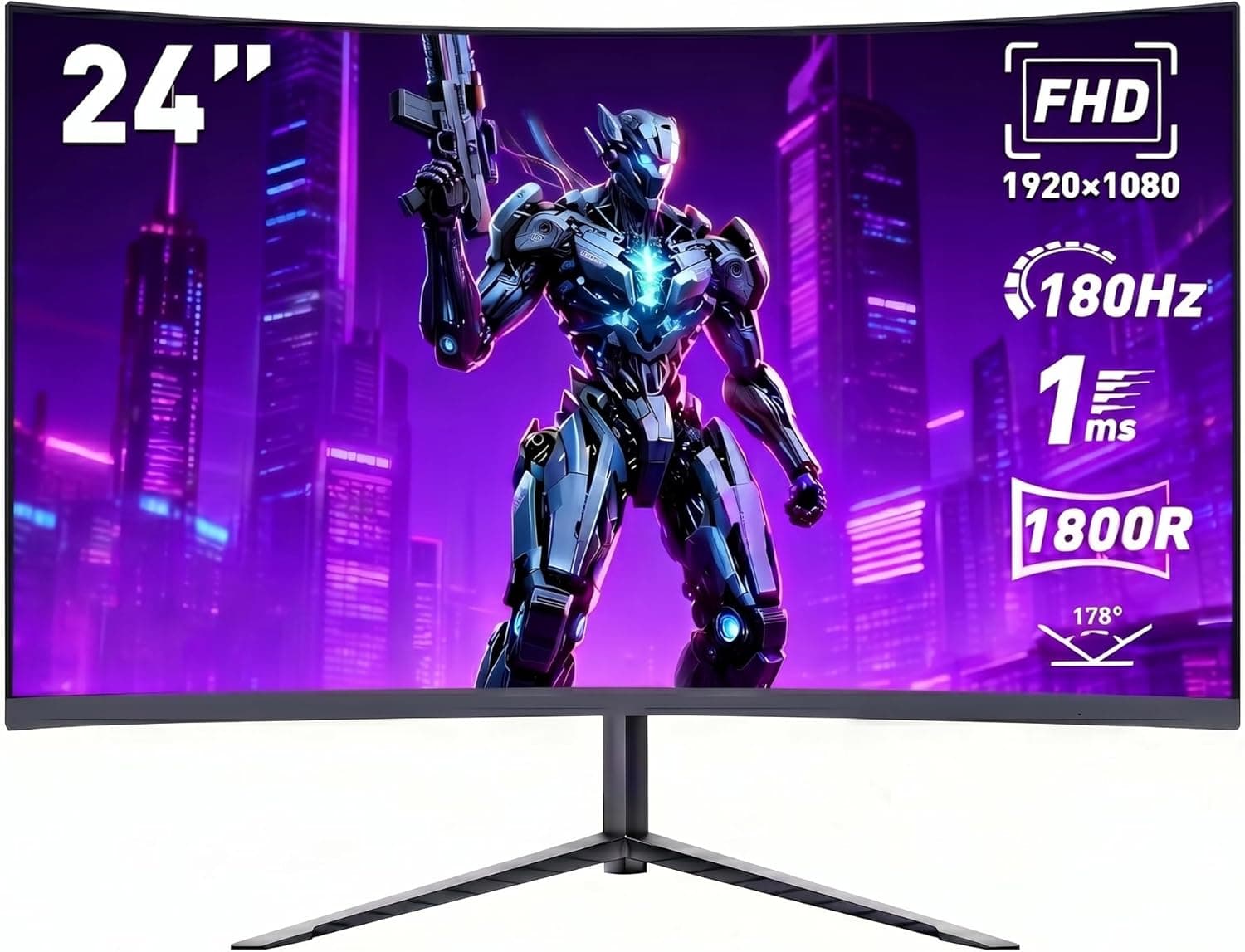 Monitor Gamer Curvo de 24 Polegadas, Monitor de Computador FHD 1080p, 180 Hz, Tempo de Resposta de 1 ms, Ultrafino, Alto-falantes Integrados, VESA, Compatível com G-SYNC