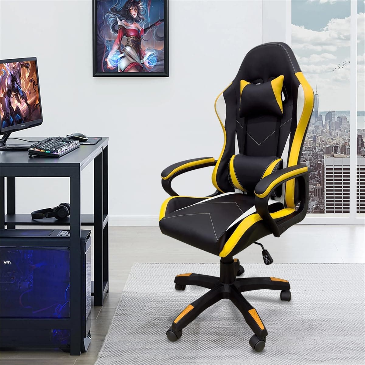 Cadeira de jogos com encosto alto, apoios de braços fixos em quatro pontos, altura ajustável (Amarelo)