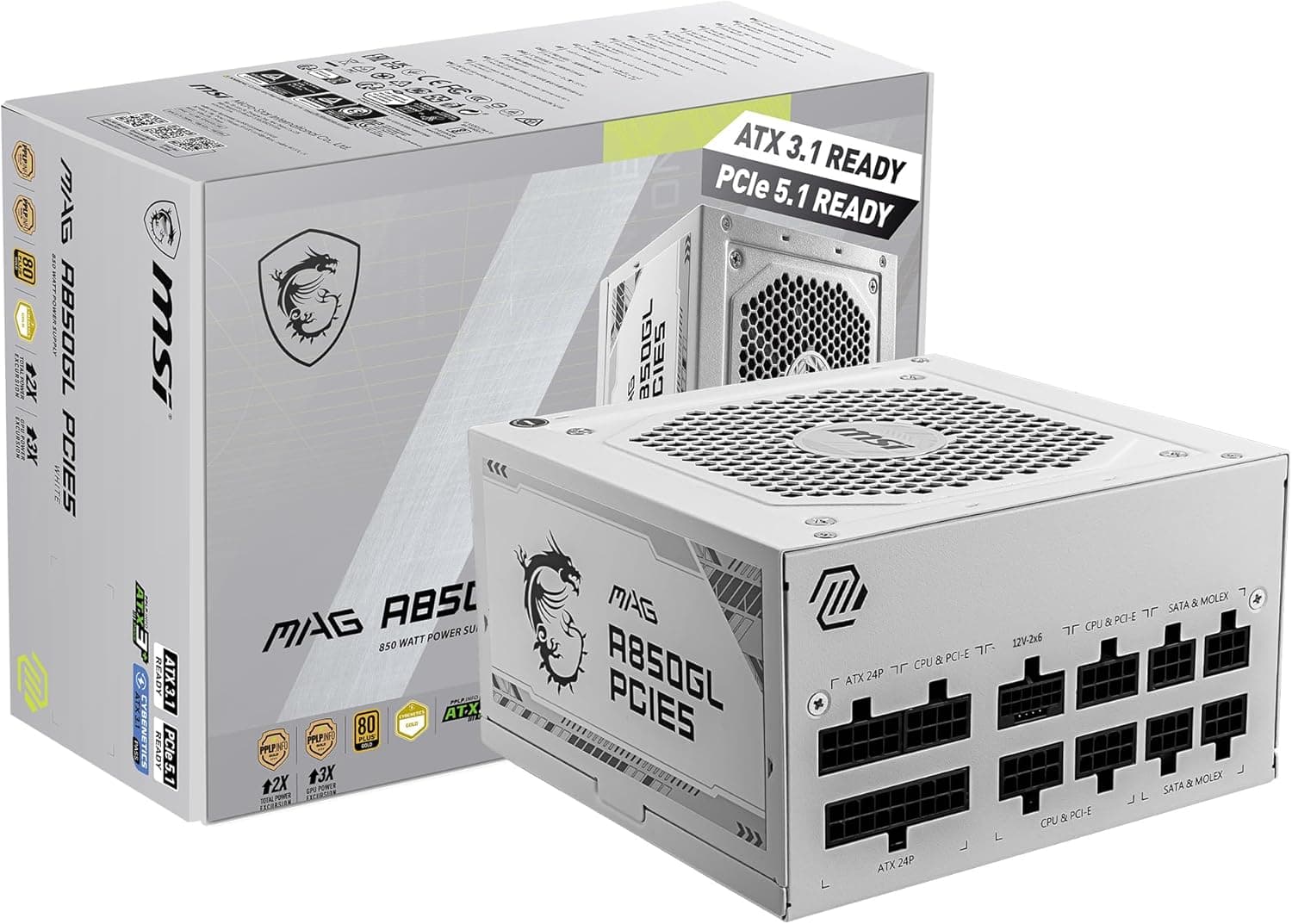 Fonte MSI MAG A850GL, 850W, 80 Plus Gold, Modular, PFC Ativo, Branco - MAG A850GL PCIE5 WHITE