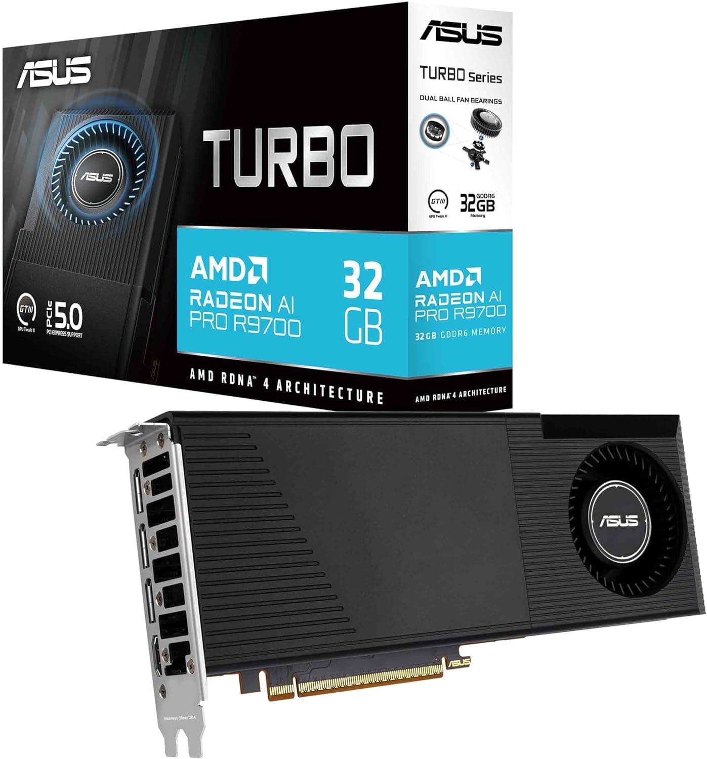 ASUS Turbo Radeon AI Pro R9700 é construído para fluxos de trabalho orientados por IA e extrema confiabilidade, com arquitetura RDNA 4, VRAM de 32 GB e design térmico robusto