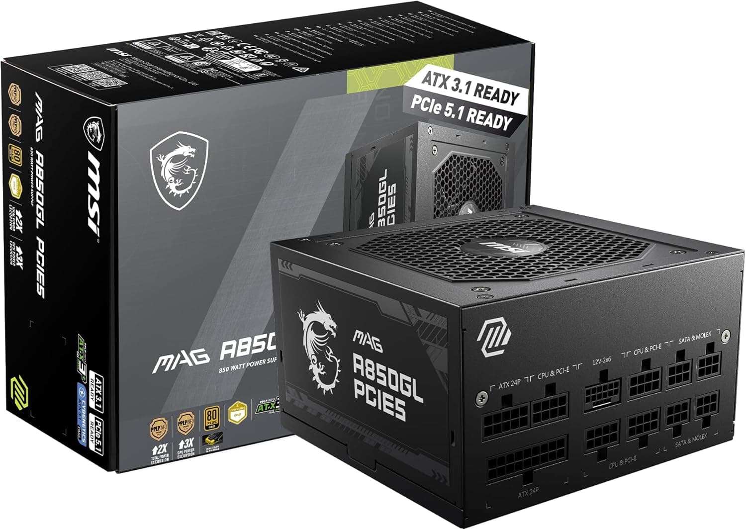Fonte de Alimentação MSI MAG A850GL PCIE5-850W, 80 Plus, Gold, PFC Ativo, Full Modular