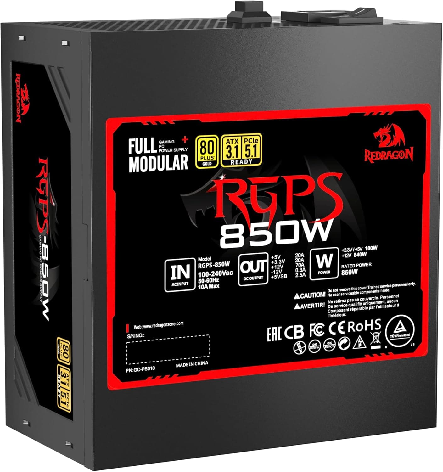 Fonte Gamer Redragon RGPS 850W Preta Full Modular 80 Plus Gold ATX 3.1 PCIe 5.1 12V-2x6 GC-PS010 V2