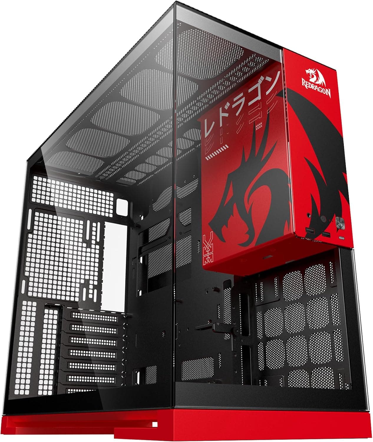 Gabinete Gamer Geometric Future Model 5 Redragon Spec Preto e Vermelho ATX Sem Fans Plataforma para Action Figures Painéis Vidro Temperado Duplo GEO-M5-RD