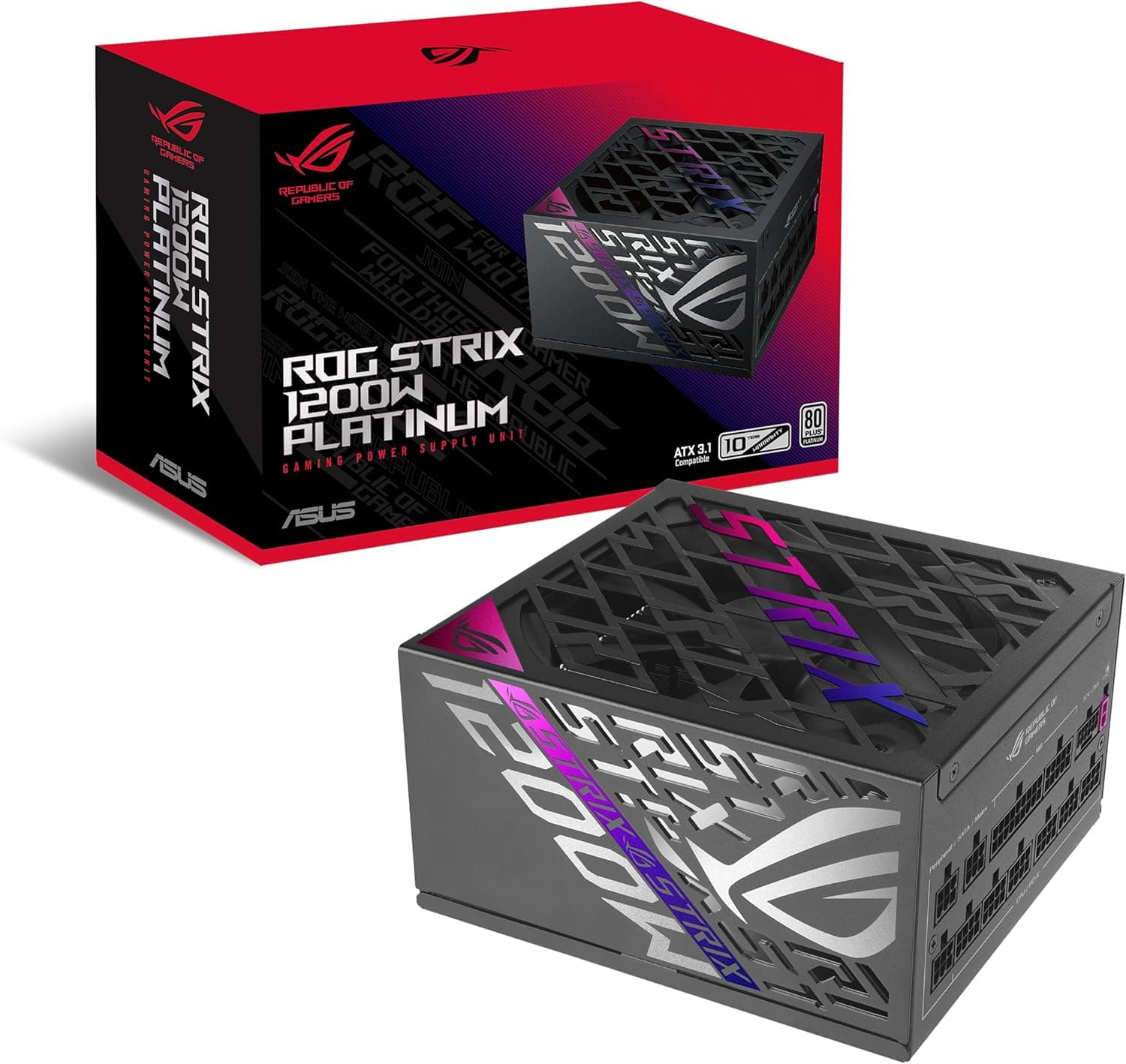 ASUS ROG Strix 1200W Platinum (fonte de alimentação totalmente modular, certificado 80 Plus Platinum, ATX 3.1, GaN MOSFET, estabilizador de tensão inteligente GPU, garantia de 10 anos)