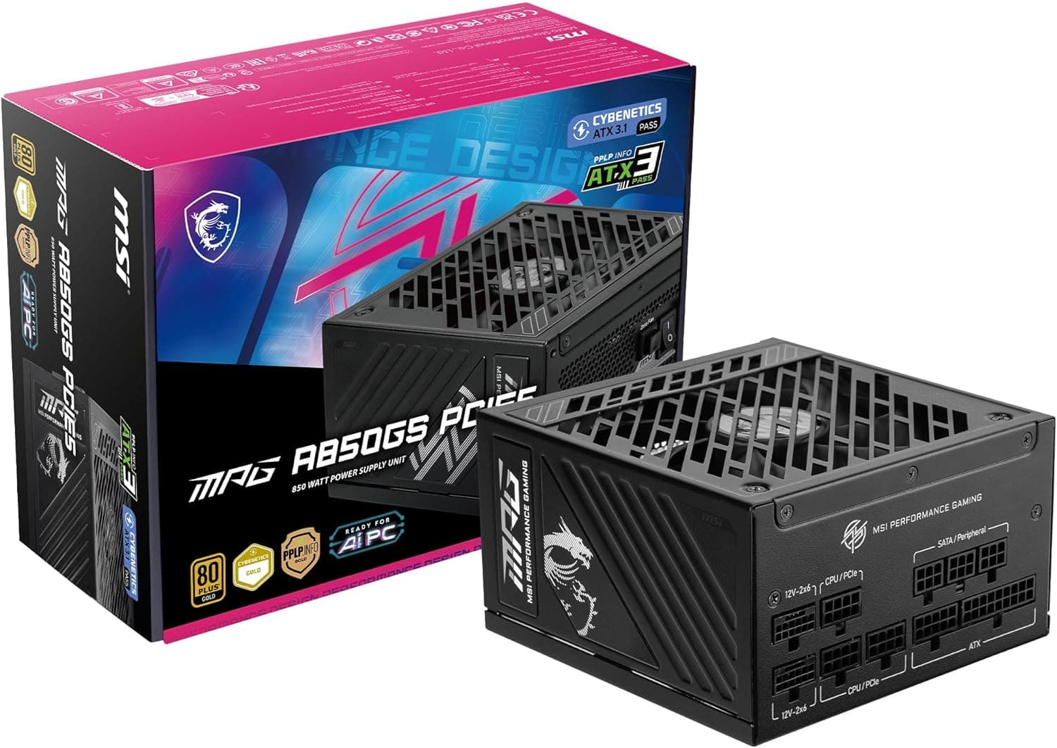 MSI Fonte de alimentação para jogos MPG A850GS PCIE 5.1 ATX 3.1 - Full Modular - 80 Plus Gold Certified 850W - Capacitores 100% japoneses 105°C - Dual 12V-2x6 - ATX PSU - Garantia de 10 anos