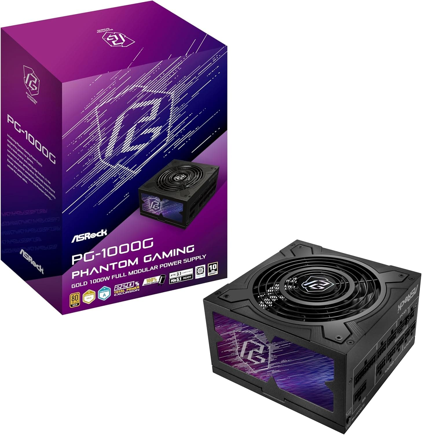 ASRock Phantom Gaming PG-1000G 1000W Fonte de alimentação padrão trançado individual garantia de 10 anos de garantia para jogadores entusiastas capacitor japonês totalmente modular 80 Plus Gold