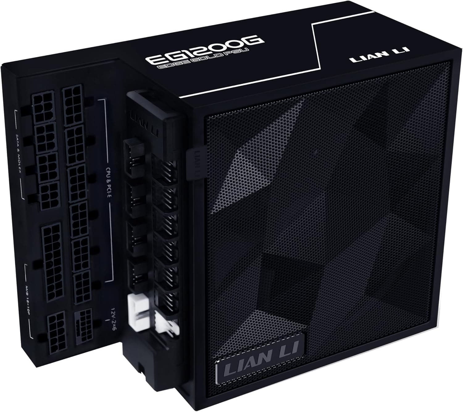 Lian Li Série Edge - Fonte de alimentação modular completa de 1200 W (hub USB com ventilador incluído) - Ouro - ATX 3.1 - Suporte PCIE 5.1 - Conector 12V-2x6 - Design em forma de L para caixa de