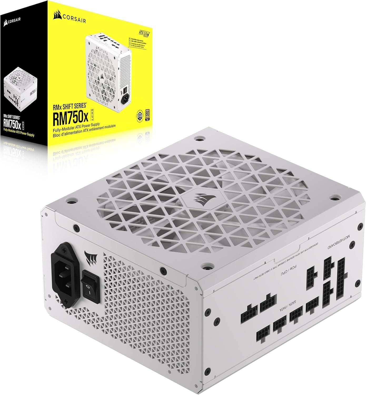 CORSAIR RM750x Fonte de alimentação ATX totalmente modular - 80 Plus Gold - ATX 3.0 - PCIe 5.0 - Zero RPM - Interface lateral modular - Branco